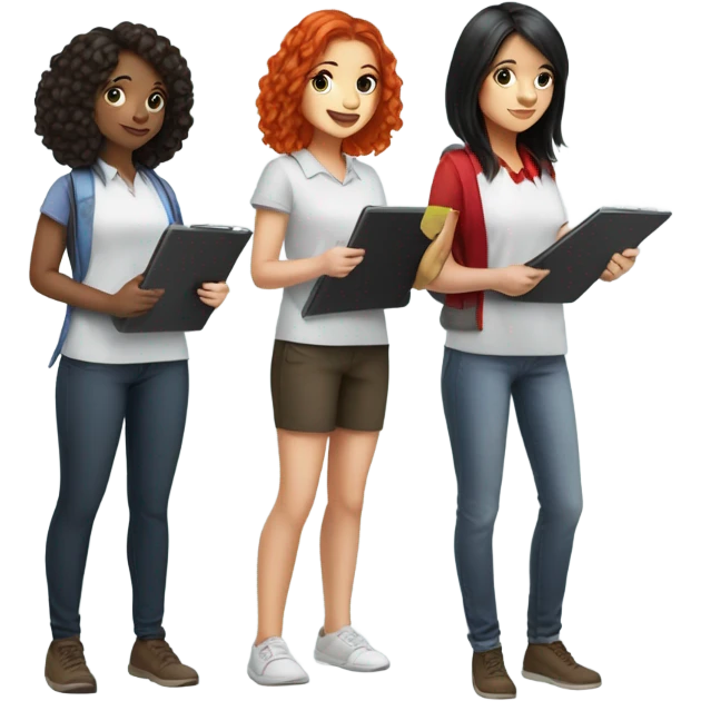 Girl with black hair, brunette girl, and bright red hair girl conducting surveys on clipboards and ipads emoji