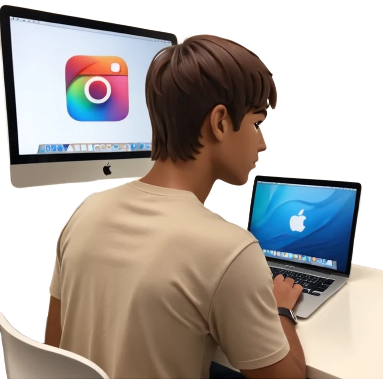 A man seen from behind, with detailed, well-lit hair. He is sitting in front of an open MacBook on a desk. On the MacBook screen, the Instagram logo is clearly visible and glowing. The scene has a modern, minimalistic aesthetic with natural lighting and a sharp, high-resolution look. emoji