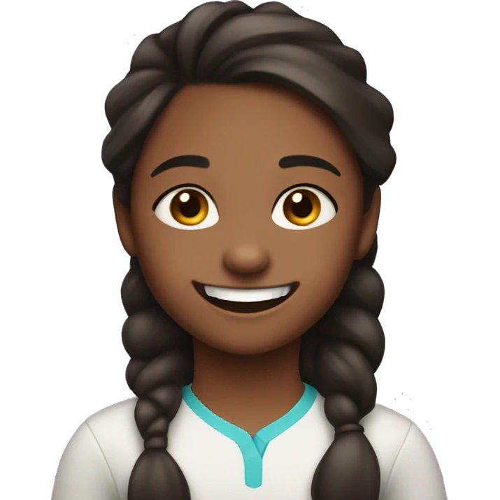 9 year old girl with slightly dark skin, wavy dark hair in a pony tail, and toothy smile emoji