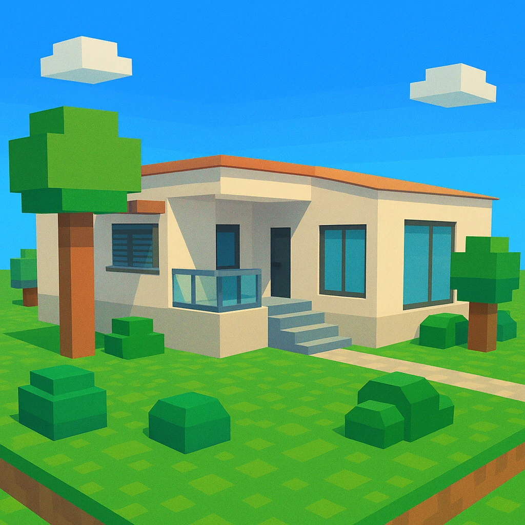 Recreate the house in 3D based on these photos, maintaining proportions and main architectural details. Modernize the exterior with a contemporary style: large glass windows, light colors, minimal details, improved veranda, and a well-kept garden. Show 4 different perspective views, like an architect's render. emoji