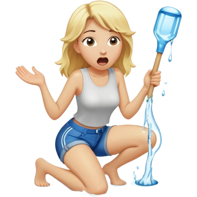 simple blond woman kneeling, surprised, big cartoon stick with D-shaped knob emerging from hanging pants, water splash into her mouth emoji