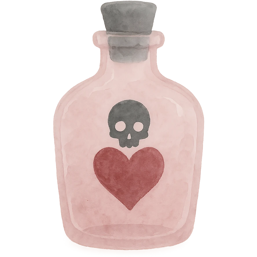 pink goth potion bottle, soft and gothic, watercolor style emoji