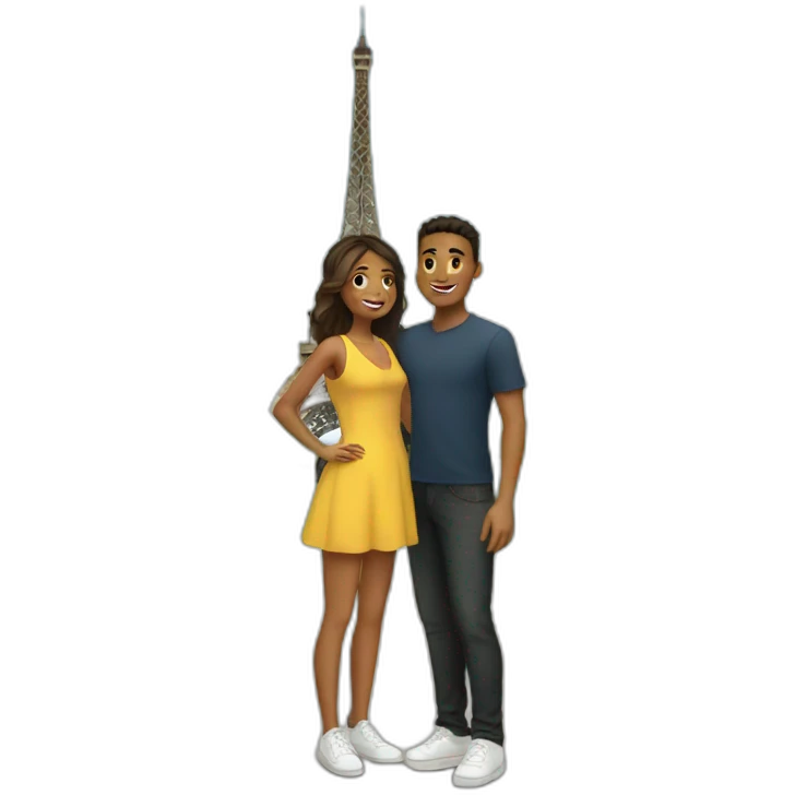 young couple standing in front of Eiffel tower emoji