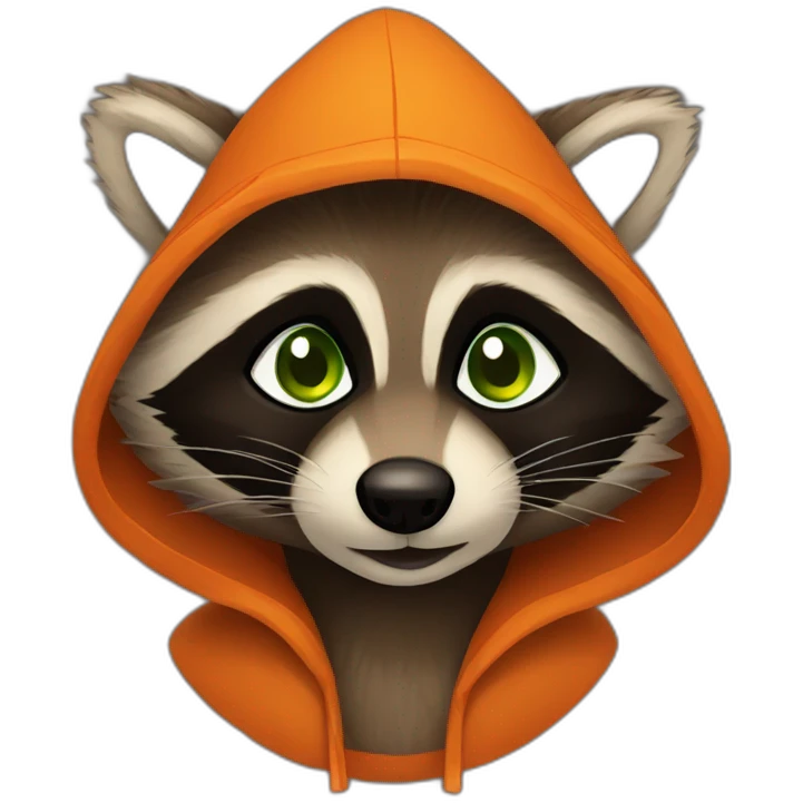 brown raccoon with orange eyes and a dark green hood that is smiling emoji