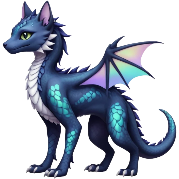 Kawaii black pastel iridescent beautiful pretty elegant divine edgy fantasy feline-vernid-sergal-Haku-dragon-fursona animal creature, full body with intricate markings  emoji