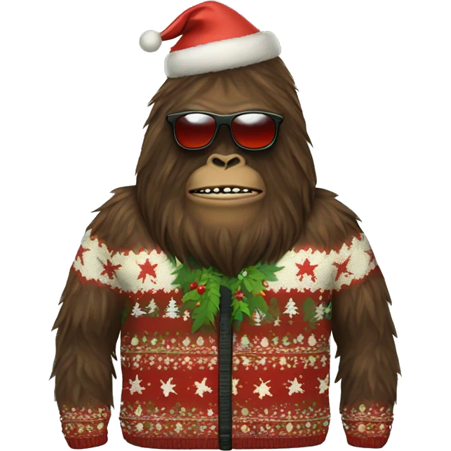 Sasquatch wearing sunglasses and an ugly christmas sweater emoji