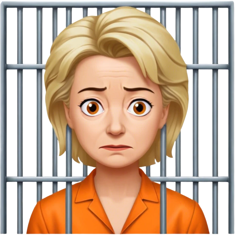 Make a picture of 'Ursula von der Leyen' wearing an orange jumpsuit and behind bars make her look worried but only about herself emoji