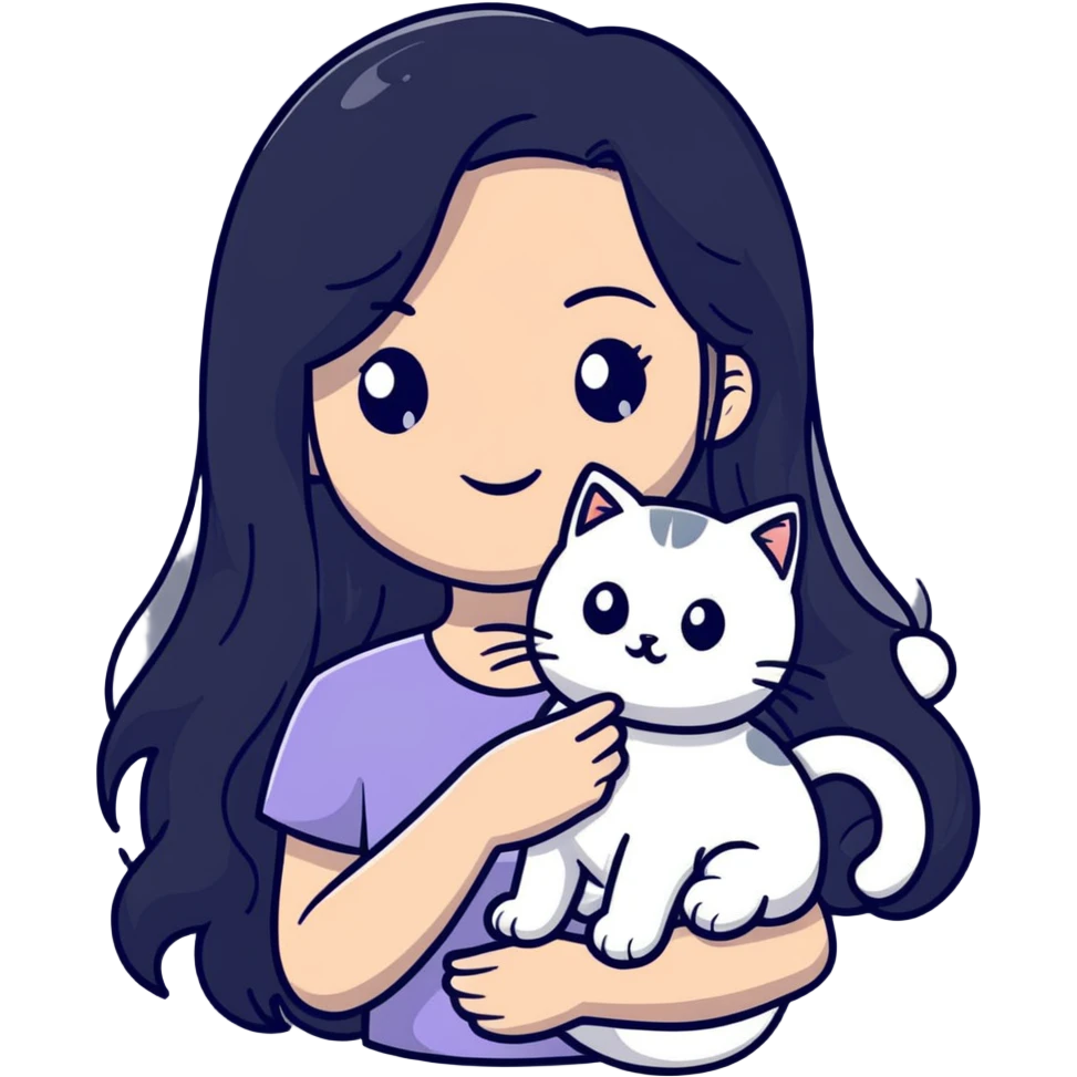 beautiful girl with long black hair holding a silver-colored cat emoji