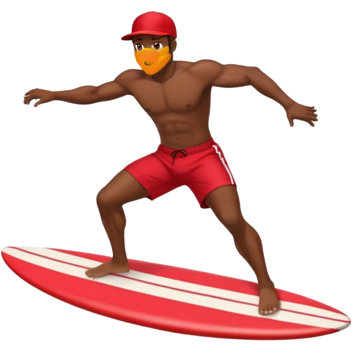 Dark, muscular man surfing wearing red shorts and a baseball cap Hawaii emoji