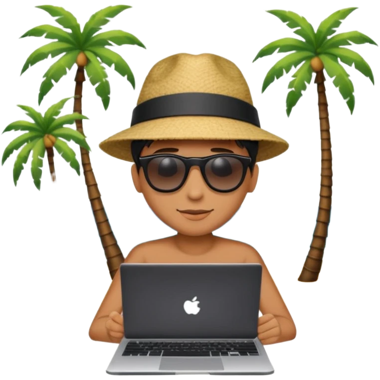 An open laptop on the beach. bildschirm ist schwarz und im hintergrund sind palmen, meer emoji