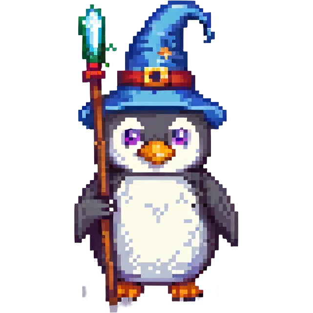 A penguin wizard with a wizard hat and a magic staff emoji