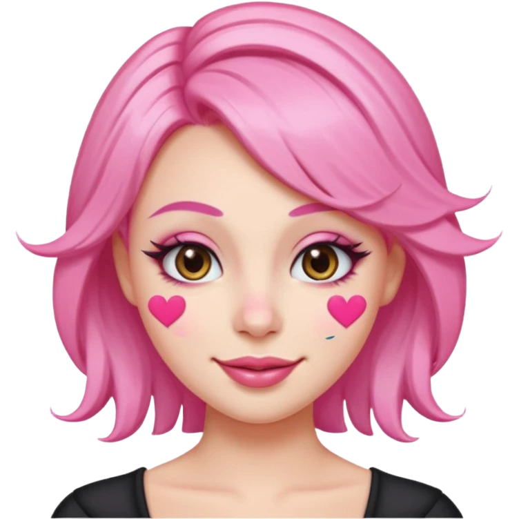 “Emoji girl, pastel pink streaks in hair, bold winged eyeliner, heavy blush on cheeks and nose bridge, under-eye hearts, glossy pink lips, playful smirk.” emoji