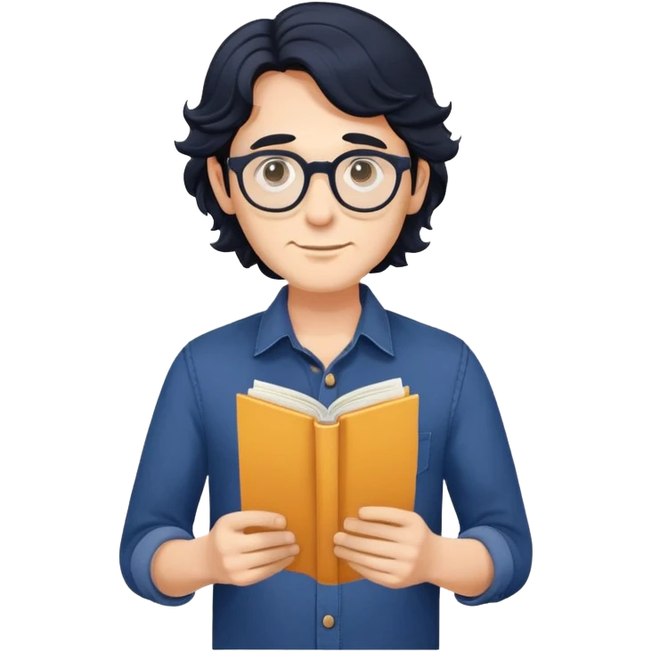 Man with longer wavy black hair, round glasses, dark blue buttoned shirt, holding program booklet for a play emoji