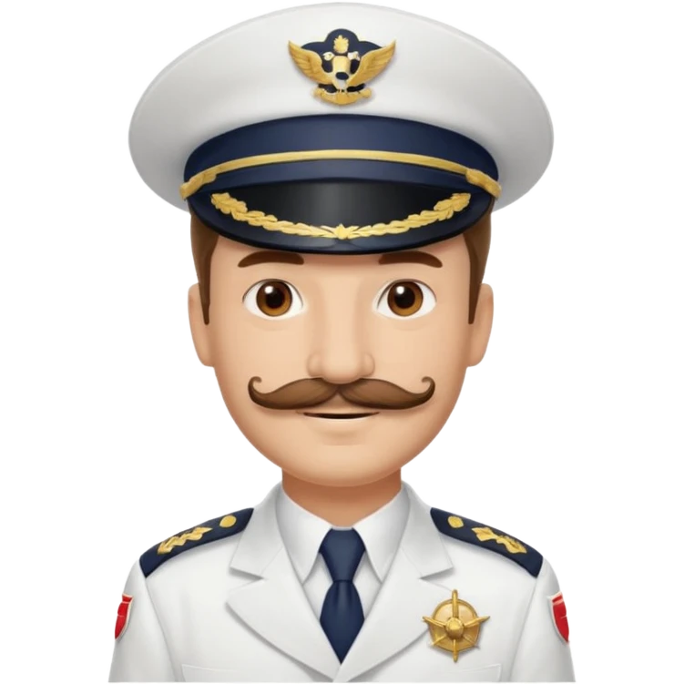 A light-skinned man with brown eyes and another mustache, smiling while wearing a white captain’s hat with a navy emblem. emoji