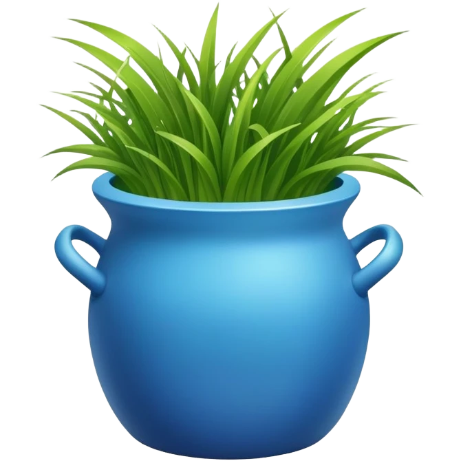 a small blue cachepot with grass leaves gathered in a pile. emoji