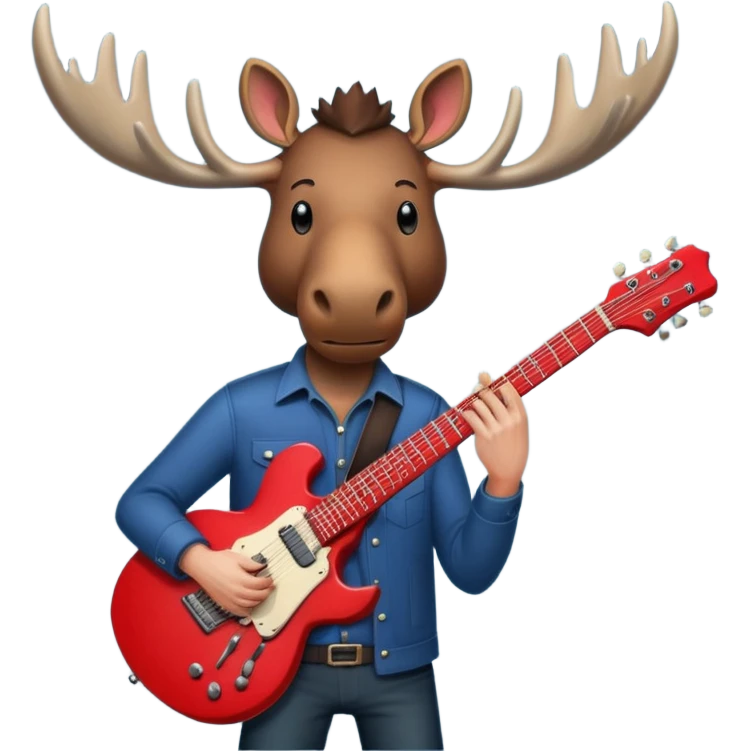  A man with the head of a moose playing a red electric guitar in Alaska. Give him a dark vibe and an attitude emoji