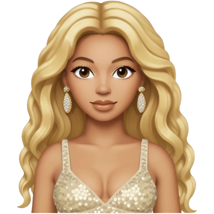 Beyonce with long blonde hair, ivory sequin crop top, ivory earring emoji