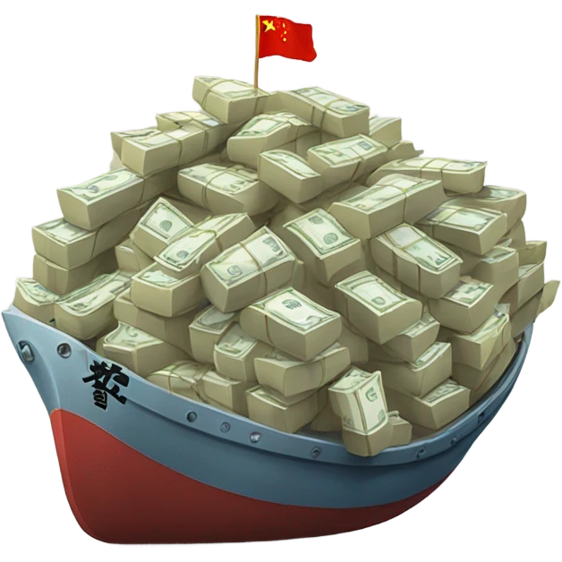 A ship laden with bags of money sailing from China, symbolizing profit from imports. emoji