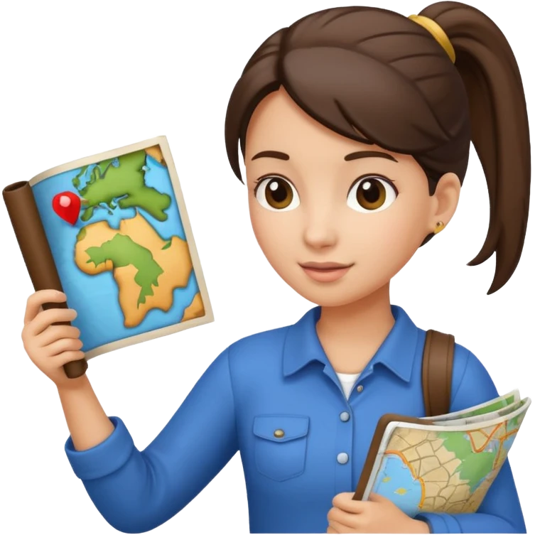 tourist brunette woman with ponytail holding map emoji