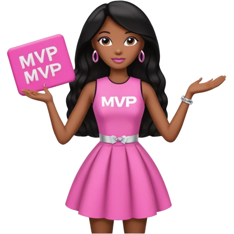 Black barbie, long black  hair, pink dress holding mvp sign  emoji