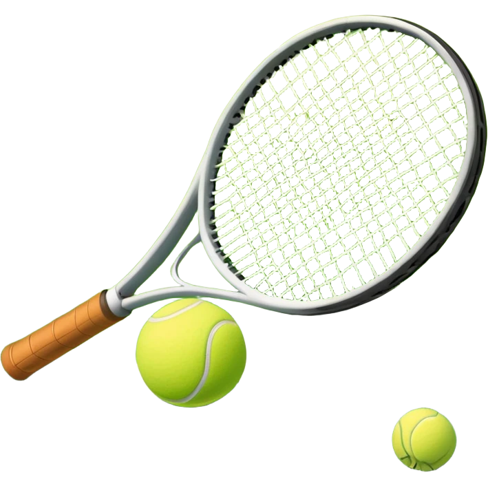 A tennis racket and ball positioned on a grass court, with the net and lines clearly visible in the background. The scene emphasizes the classic elements of the sport, capturing the energy and precision of a tennis match. emoji