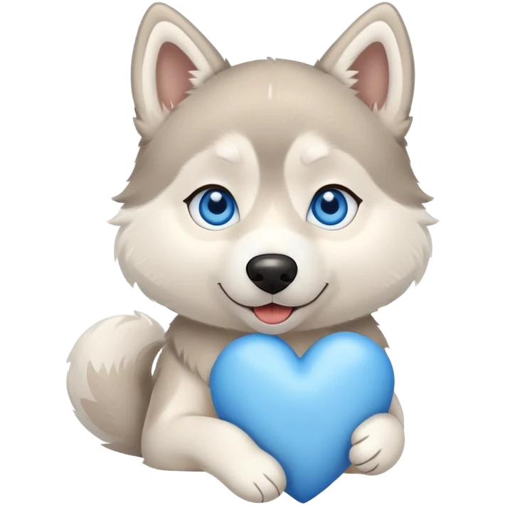 Beige husky with blue eyes holding a blue heart emoji
