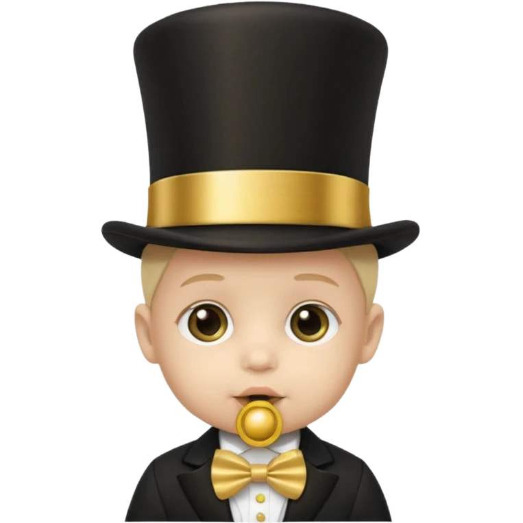 a baby's face in a black top hat with a gold stripe and a gold pacifier emoji