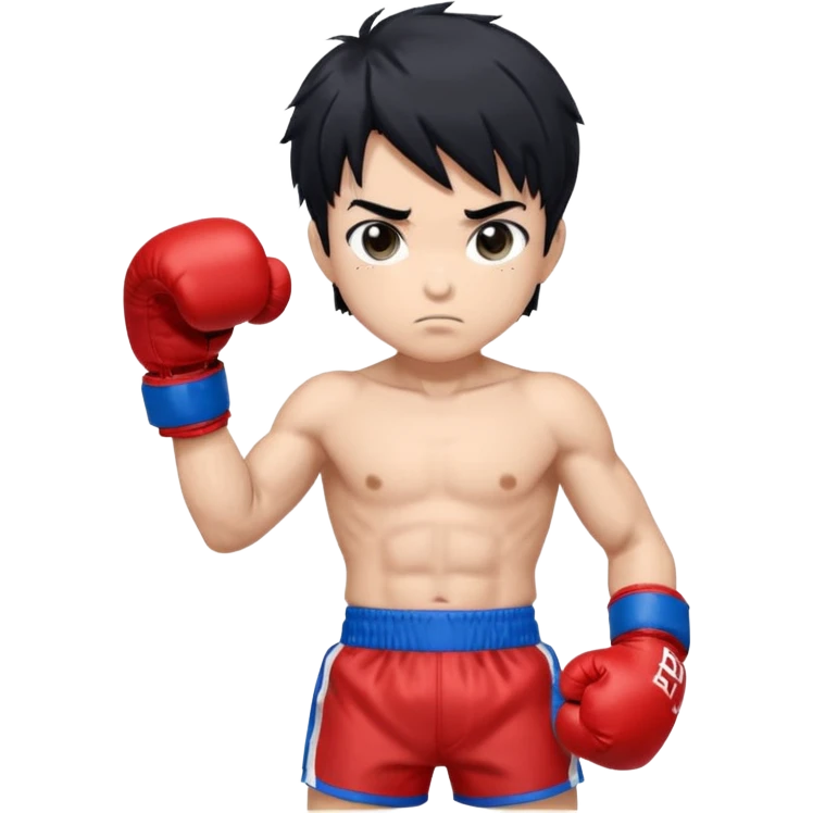 masterpiece, medium short plane, anime style, chibi, inspired by Ippo Makanouchi (Hajime no Ippo), young male boxer, short messy black hair, athletic and compact build, red boxing gloves, blue boxing shorts, big expressive eyes, clean lineart, vertical composition, TikTok avatar style,  emoji