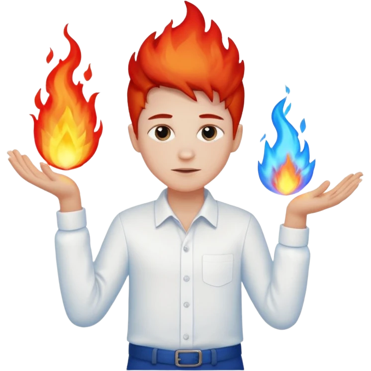 A boy with no hands fire instead made out of red fire and blue fire on a white shirt that the boy is wearing  emoji