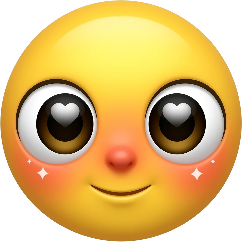 Yellow circular emoji with massive, sparkling dark eyes. Inside each eye is a white heart-shaped highlight. The face has a heavy orange-red blush across the center and tiny white sparkles around the edges. No mouth, focusing entirely on a bashful, adoring stare emoji