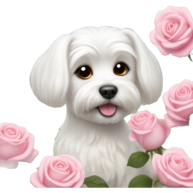  white maltese dog and pink roses  emoji