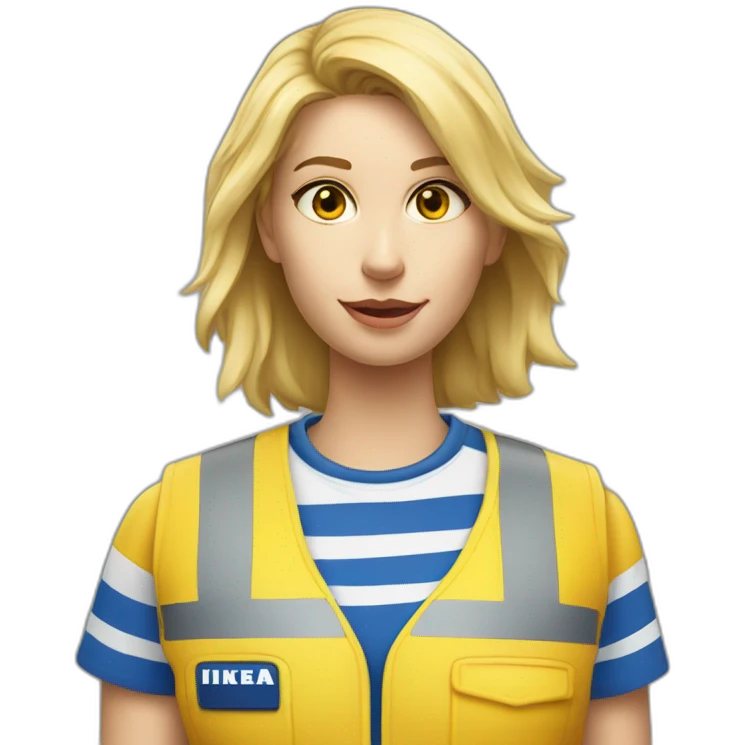Ikea coworker blond woman blue stripes t-shirt and yellow security vest scanning palets emoji