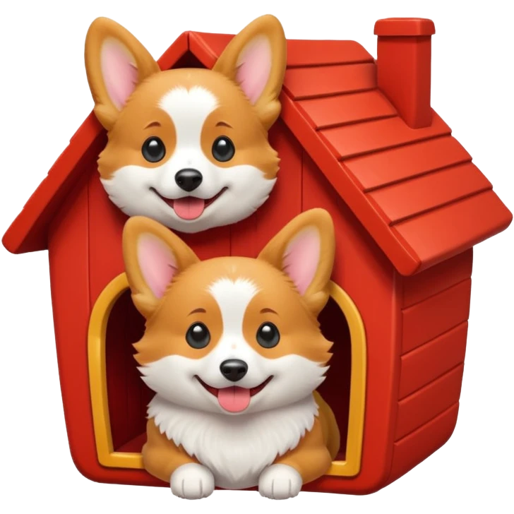 a corgi dog resembling the real Apple emoji dog with its head sticking out of a red dog house emoji