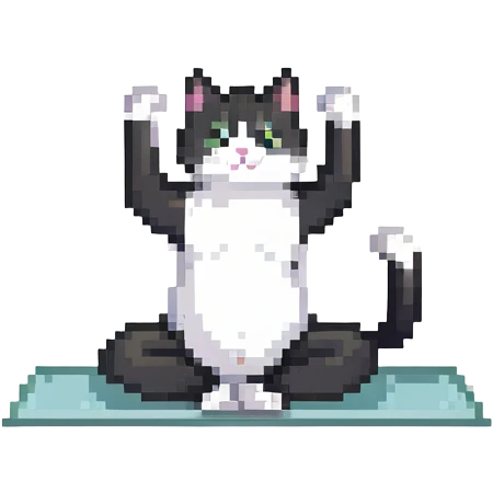 black and white cat doing yoga in a gym emoji