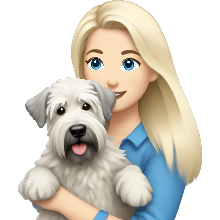 pretty woman blonde hair blue eyes hugging a white and gray soft coated wheaten terrier dog emoji