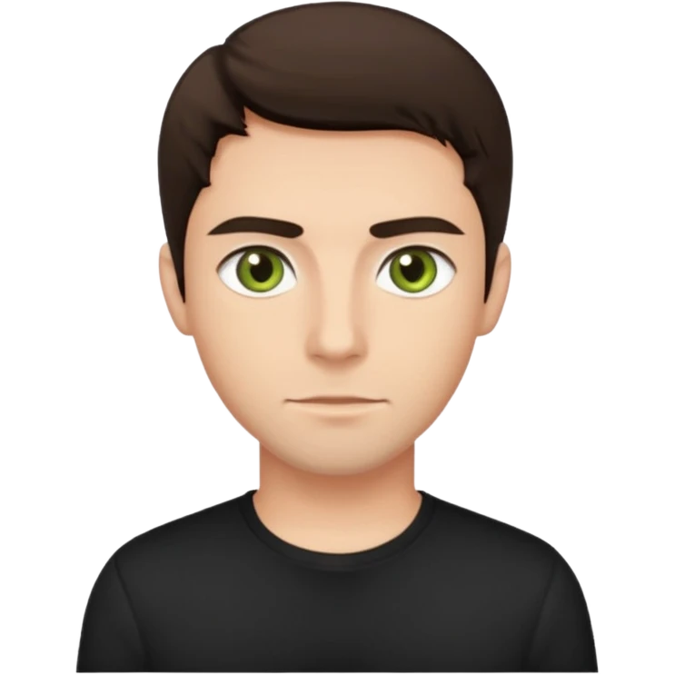 A man with olive green eyes, dark brown hair, fair skin tone, wearing a black shirt  emoji