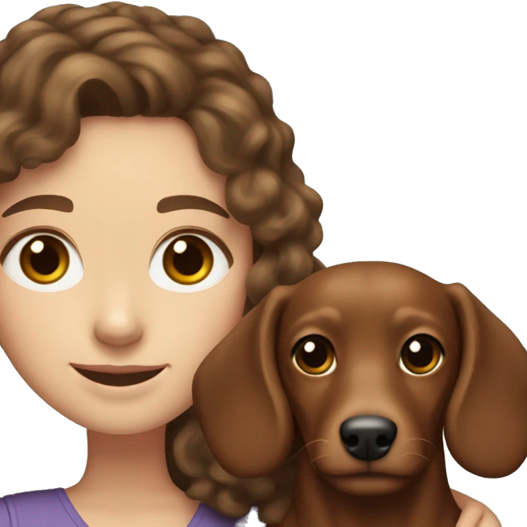 White Girl long curly brown hair smiling and brown eyes with long eyelashes and holding a dachshund  in her arms emoji