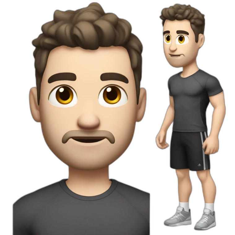 Confused Pale skinned Fit Man With the biceps and dark brown hair in black shirt, gray sports shorts and white Sneakers emoji