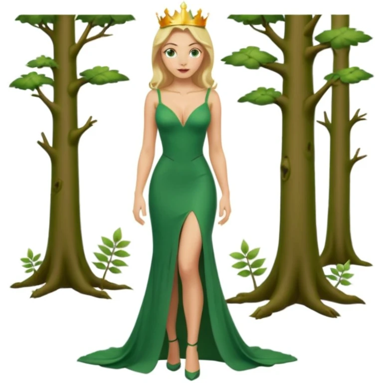 Queen, crown, blonde hair, green eyes, long green tight dress, decoltee,  Leg slit, whole Body, Background forest  emoji
