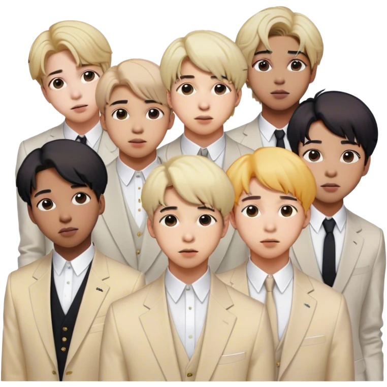 Cinematic Realistic group portrait of BTS featuring all 7 members in stylish modern attire, with detailed facial expressions and vibrant colors, captured in dynamic, contemporary lighting that emphasizes their global pop icon status emoji