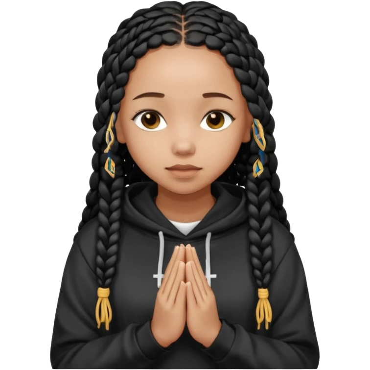 African American girl light skin with long black box braids and plain black hoodie with prayer hands emoji