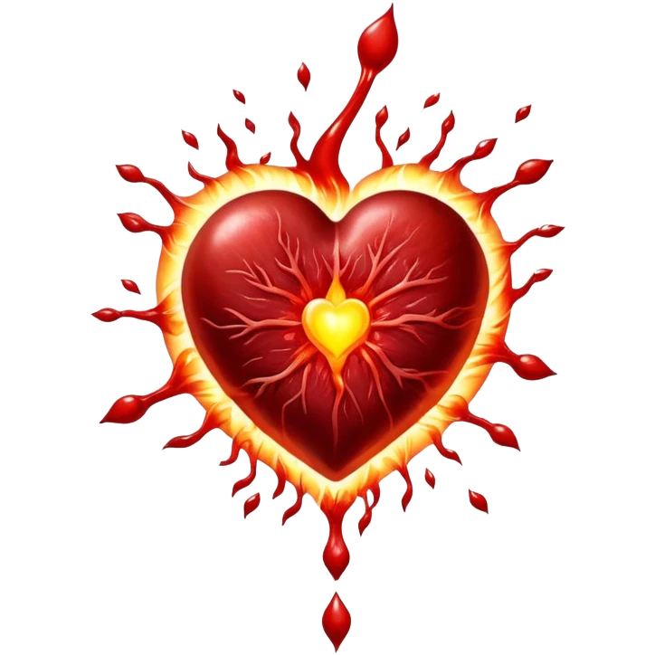 Glowing pieces of red meat floating around a red blood cell that shines brightly like a torch. Streams of light connect the blood cell to a heart and muscles, showing how heme iron creates energy and vitality throughout the body. emoji