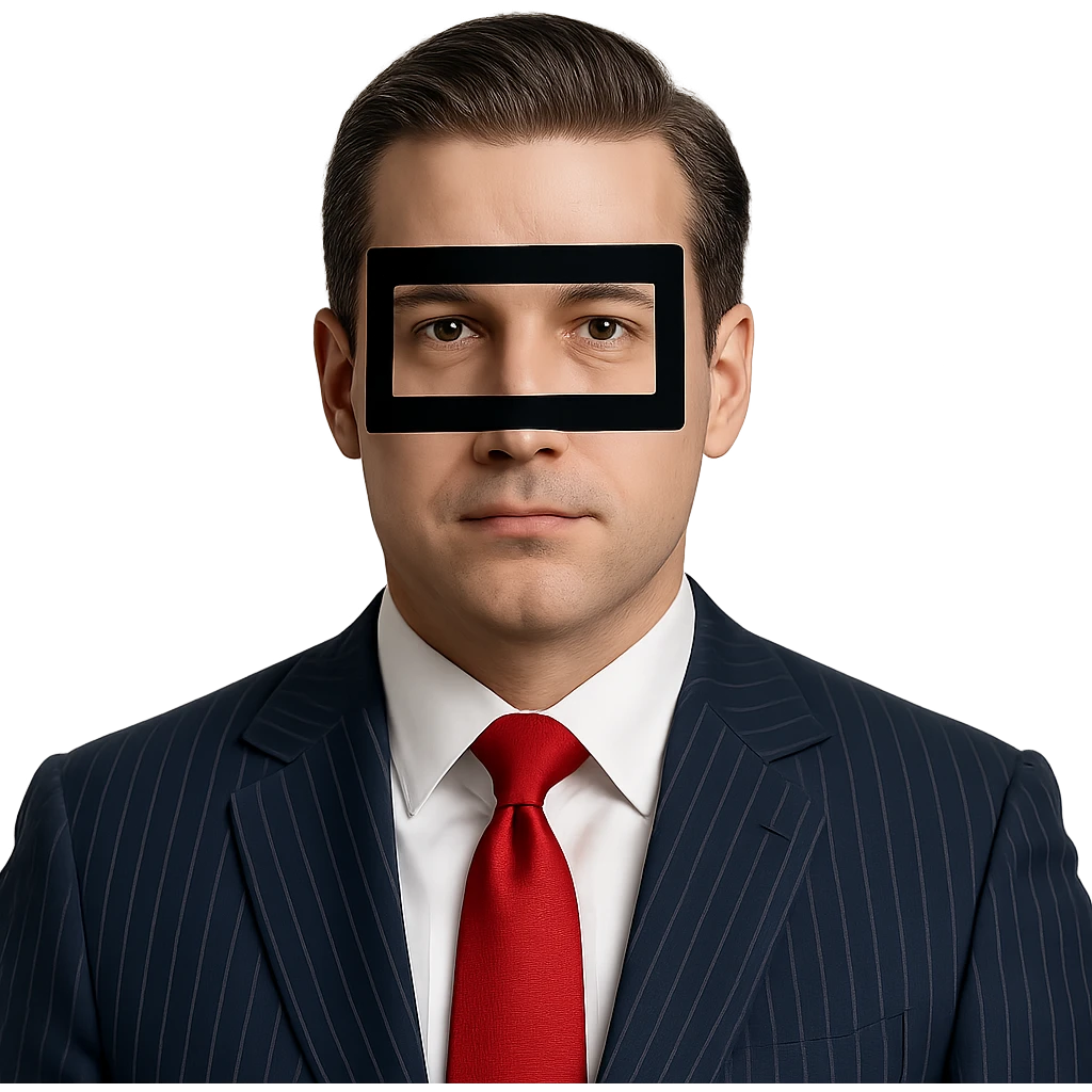 man 35-40 years old, dark blue striped suit, red tie, slicked-back hairstyle, black rectangle with eyes on face emoji