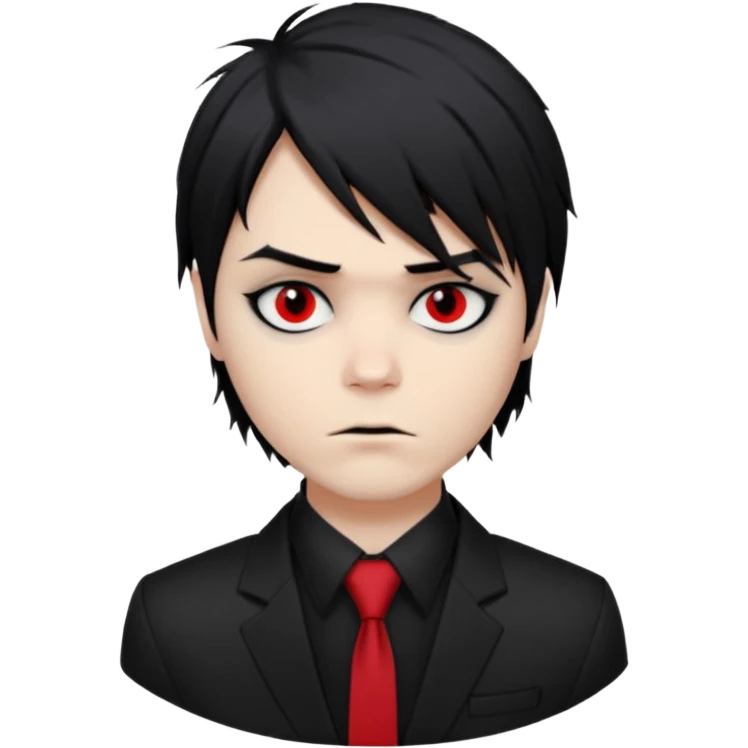 Gerard Way (Revenge Era)
Round, simplified emoji style
Pale skin tone
Jet-black, shoulder-length hair messy and emo
Heavy eyeliner and slight red shadow under the eyes
Subtle serious
Hint of red tie visible on black button up shirt.
Transparent background. Black eyeliner. Messy emo hair emoji