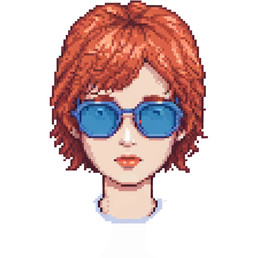 pixel art face with short red hair and blue sunglasses emoji