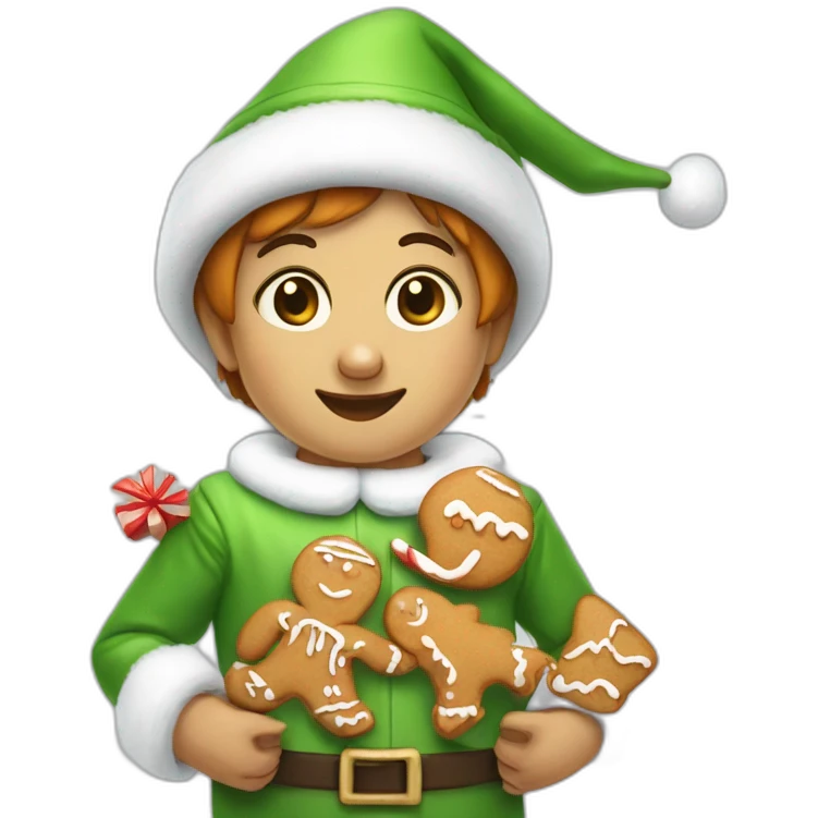 little elf weaitng a pinguin costume and selling gingerbread emoji