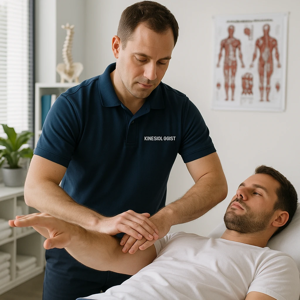 realistic kinesiologist performing manual muscle test on a patient in a medical environment, professional details, inspired by reference photo https://attic.sh/r66tucayi7ewfjges2vhulor9bux emoji