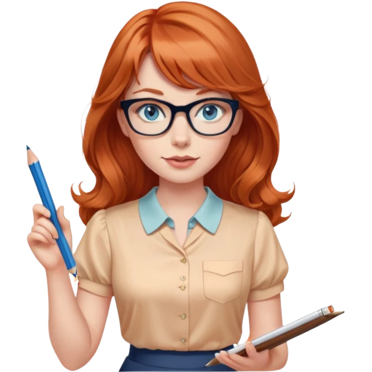 redheaded woman with long wavy hair and bangs, blue eyes, clear cat-eye glasses, short-sleeve apricot blouse, pencil skirt, holding a pencil emoji