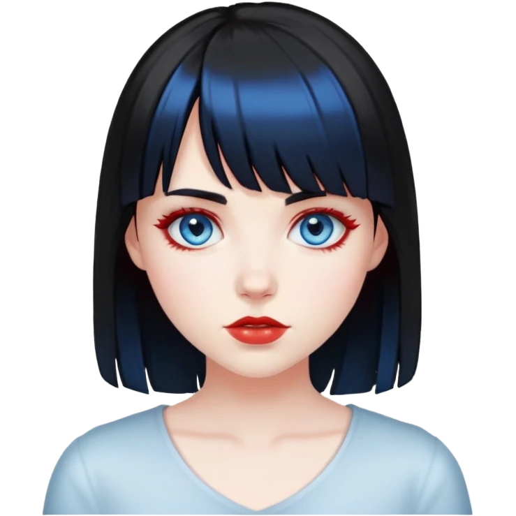 Pale girl with blue eyes, black hair with red highlights and bangs emoji