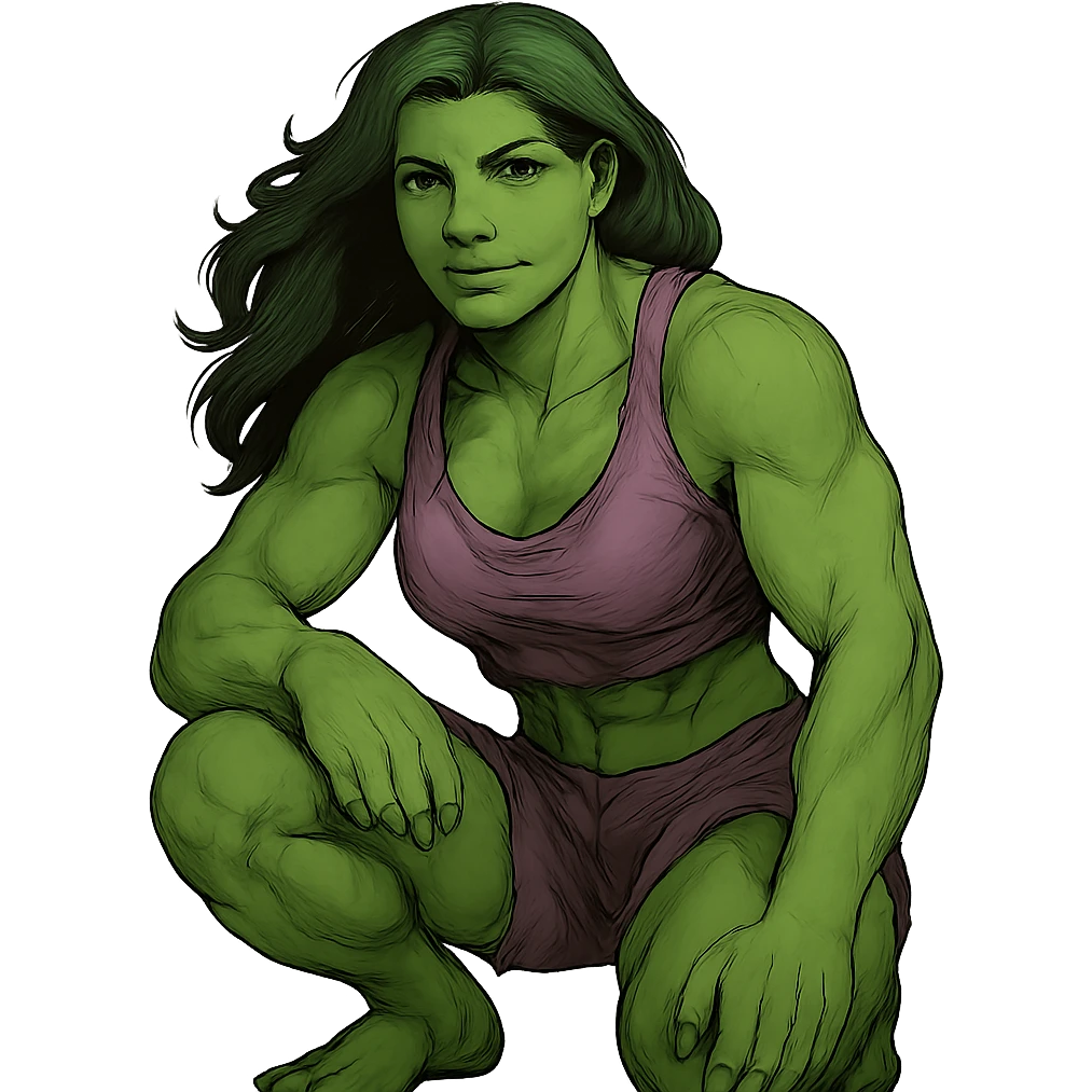 Woman Hulk with a calm, relaxed face, green skin, muscular, keep the pose and style, no background. The style is a muscular green superhero woman, keep the original style look but calm the expression and isolate the subject with no background. emoji